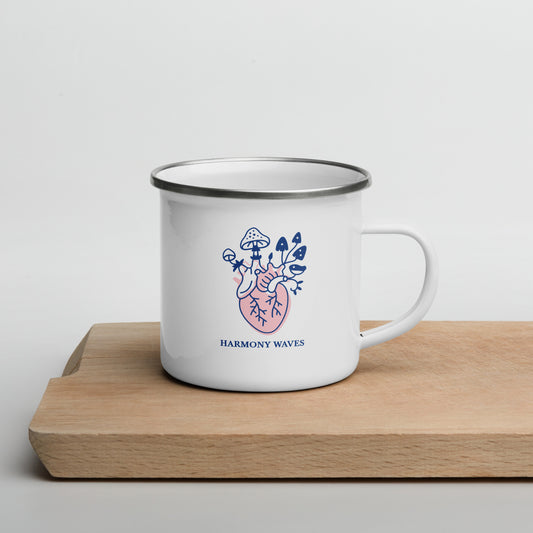 Harmony Waves Enamel Mug - Heart & Mushrooms Design